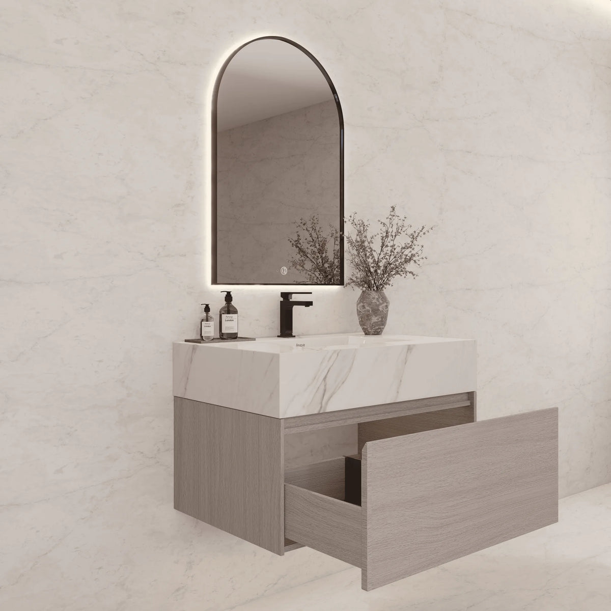 Aventino 32-40-inch calacatta gold fluted floating single-sink vanity — sintered stone top