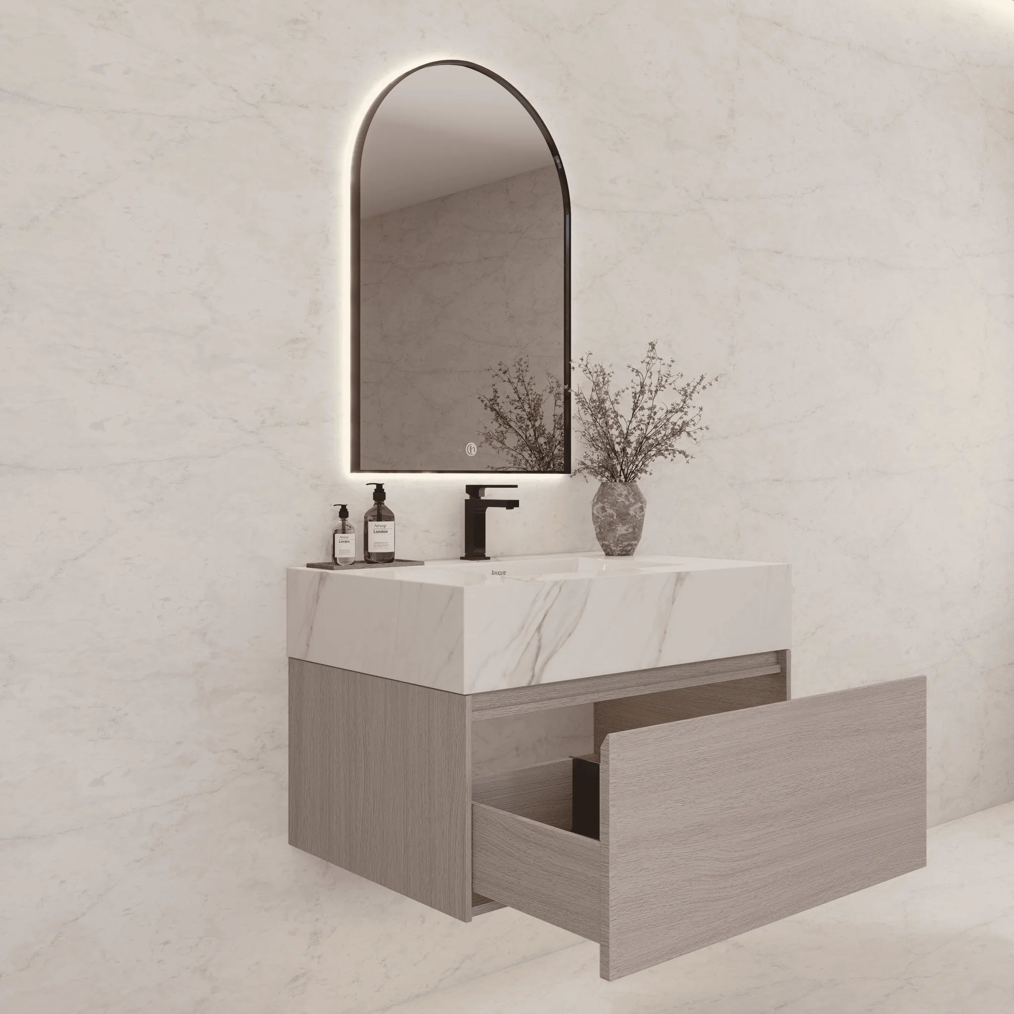 Aventino 32"/36"/40" White Grey Oak Fluted Floating Single-Sink Vanity with Sintered Stone Top