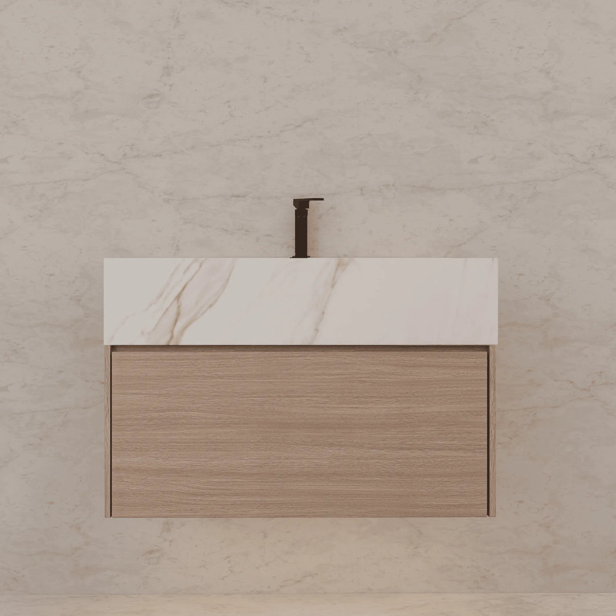 Aventino 32-40-inch calacatta gold fluted floating single-sink vanity — sintered stone top