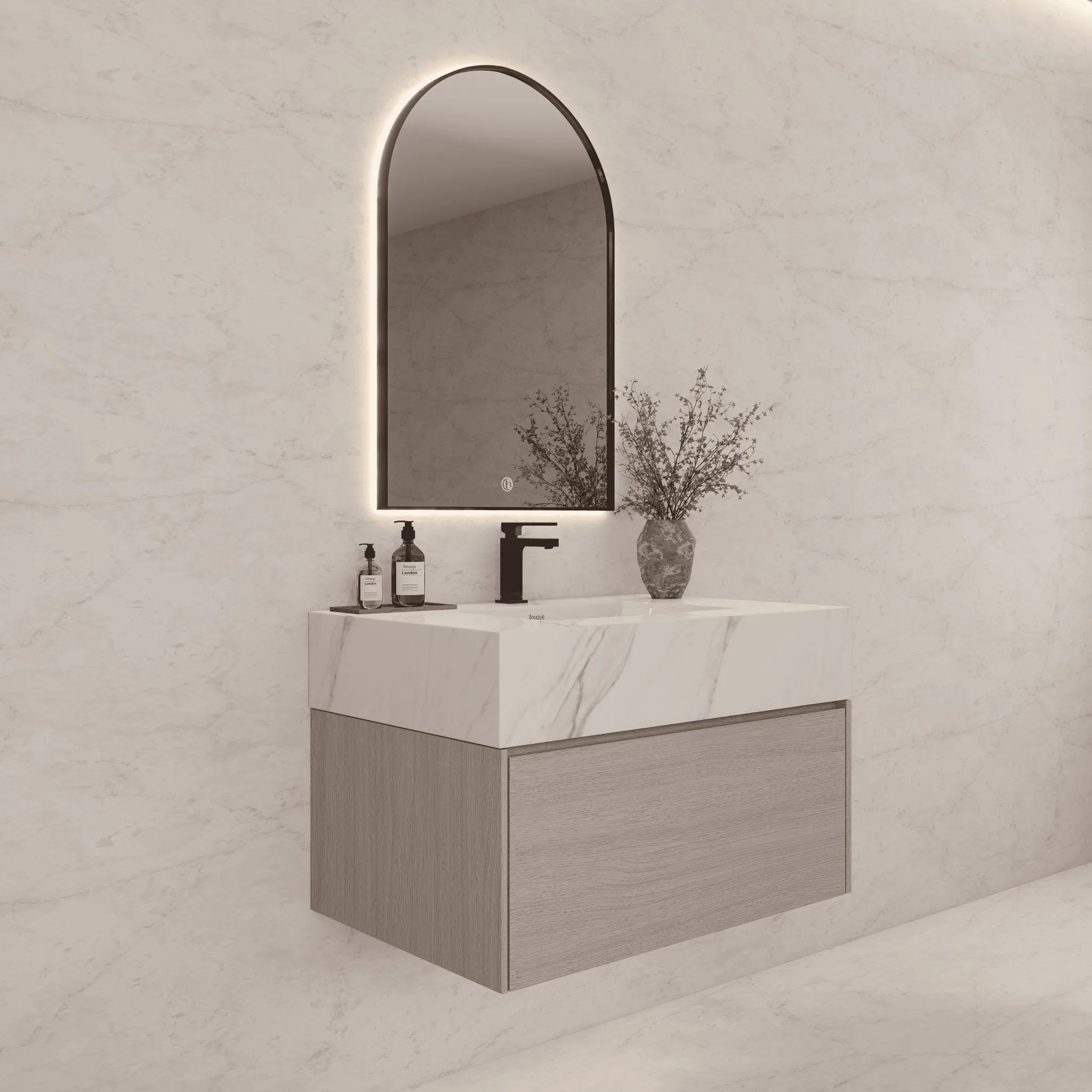 Aventino 32"/36"/40" White Grey Oak Fluted Floating Single-Sink Vanity with Sintered Stone Top