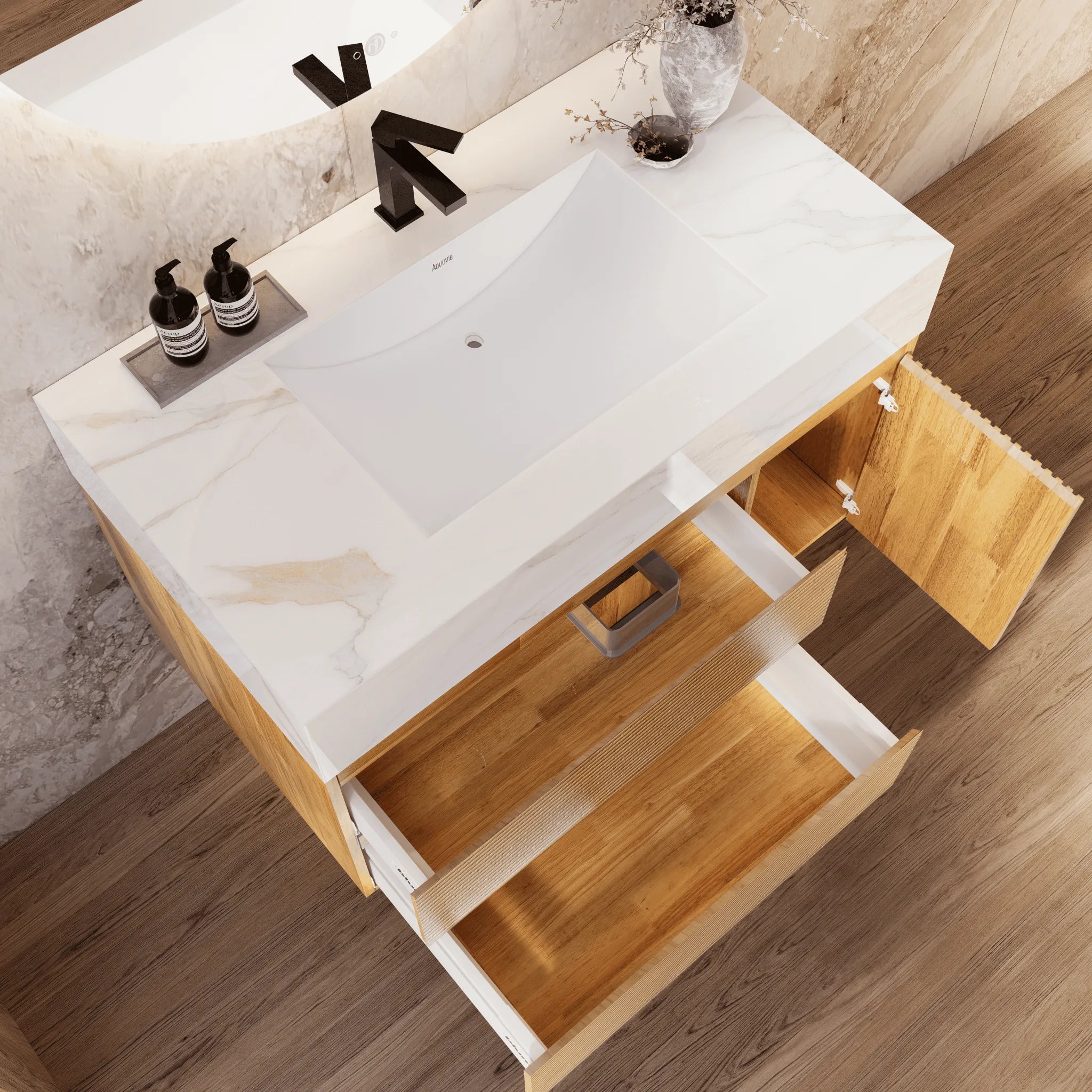 Aventino 32"/40" Oak Fluted Floating Single-Sink Vanity with Sintered Stone Top