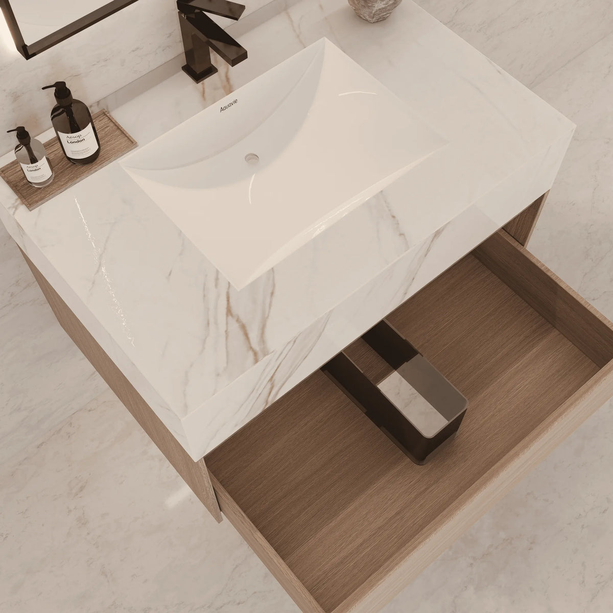 Aventino 32-40-inch calacatta gold fluted floating single-sink vanity — sintered stone top