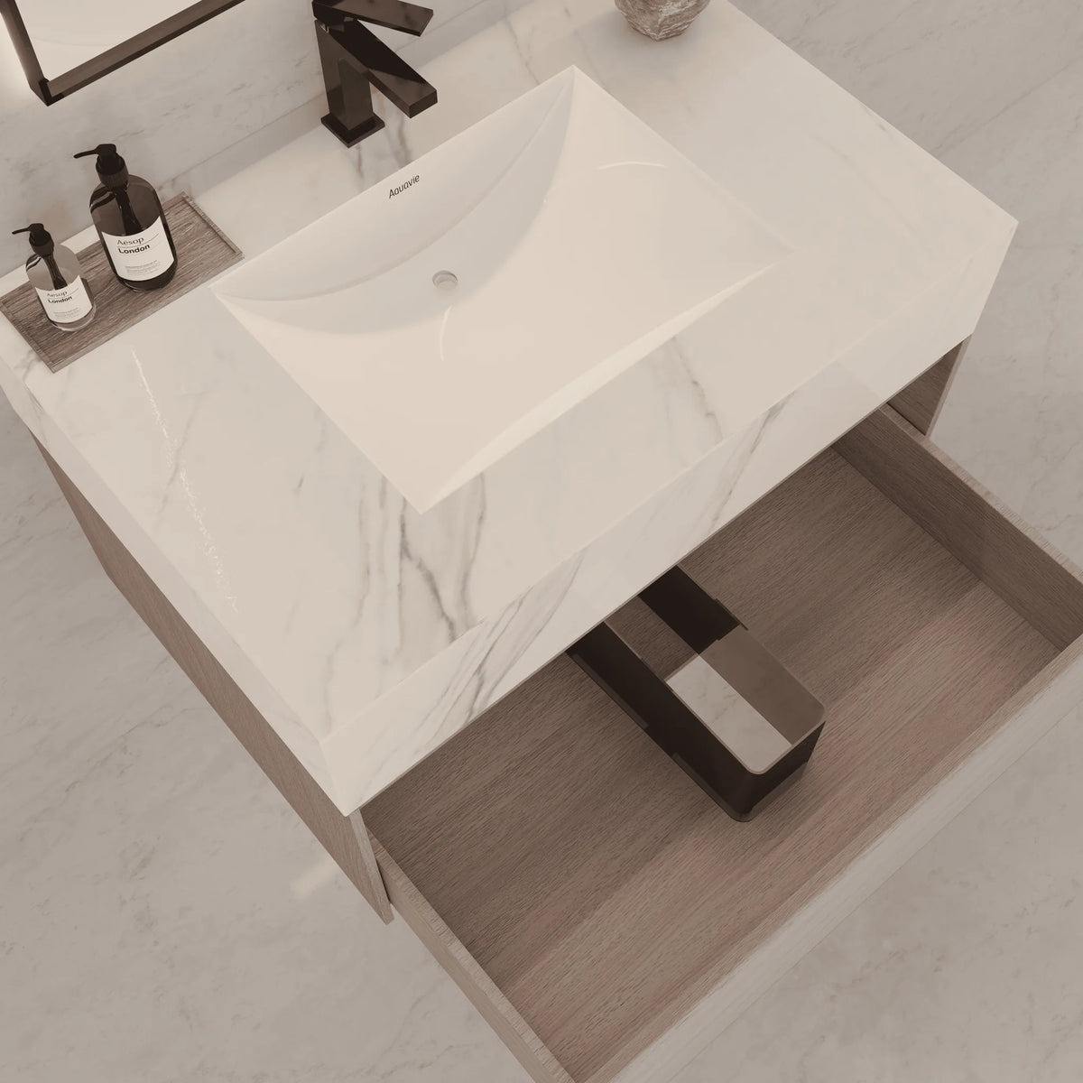 Aventino 32-40-inch calacatta gold fluted floating single-sink vanity — sintered stone top