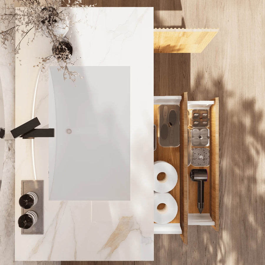 Aventino integrated ceramic basin — top-down detail of moulded sink bowl