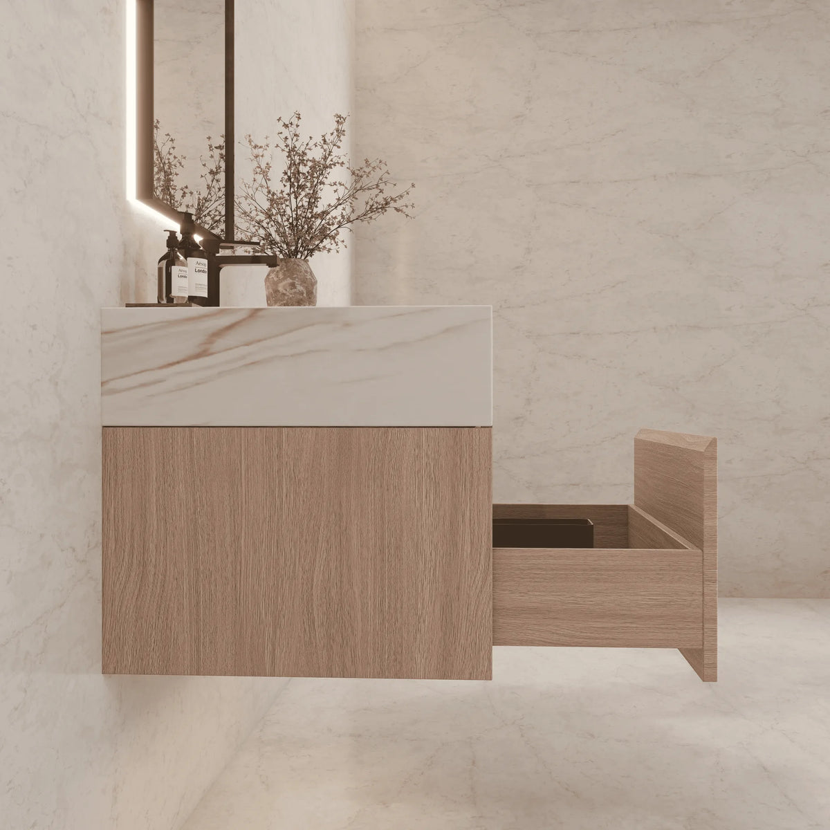 Aventino 32-40-inch calacatta gold fluted floating single-sink vanity — sintered stone top