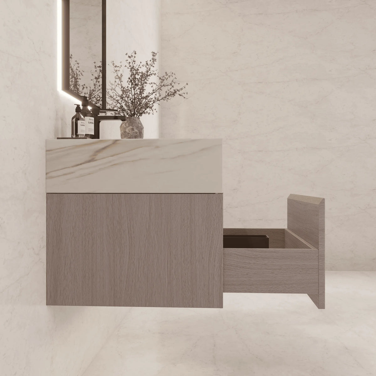 Aventino 32-40-inch calacatta gold fluted floating single-sink vanity — sintered stone top