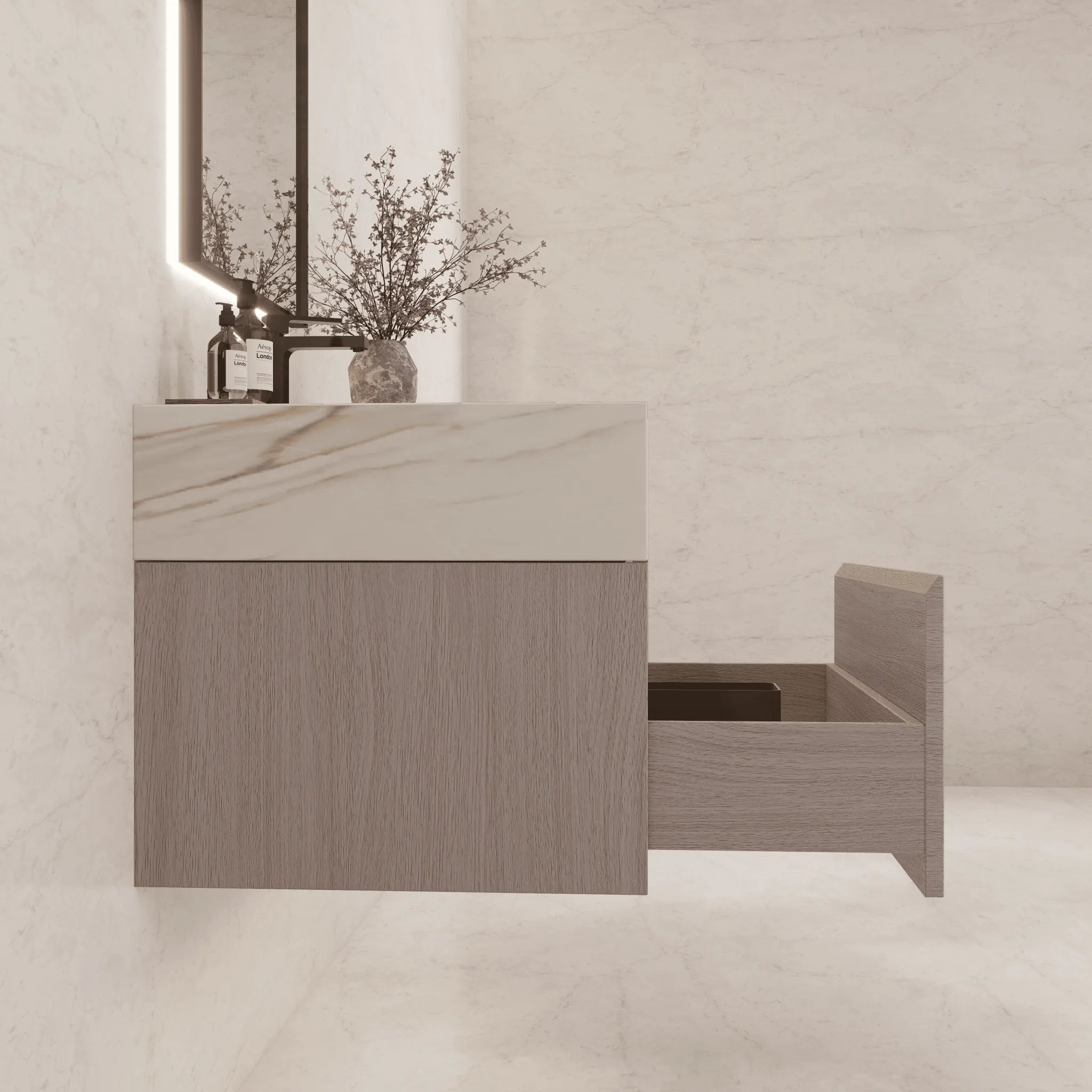 Aventino 32"/36"/40" White Grey Oak Fluted Floating Single-Sink Vanity with Sintered Stone Top