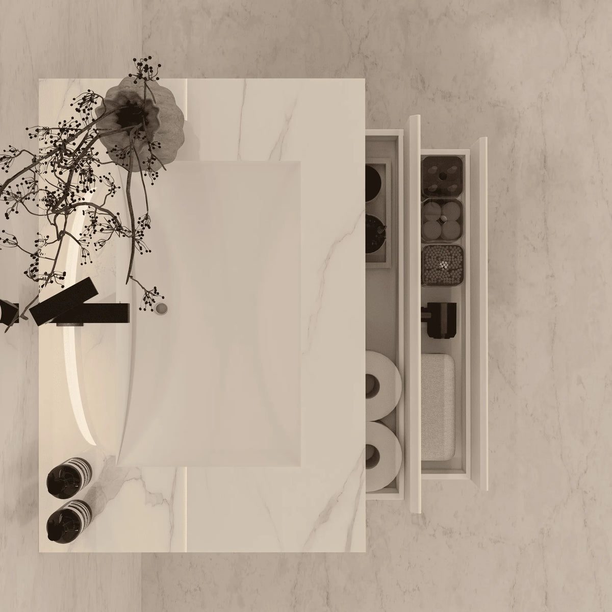 Aventino 32-40-inch calacatta gold fluted floating single-sink vanity — sintered stone top