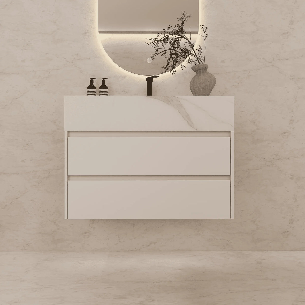Aventino 32-40-inch calacatta gold fluted floating single-sink vanity — sintered stone top