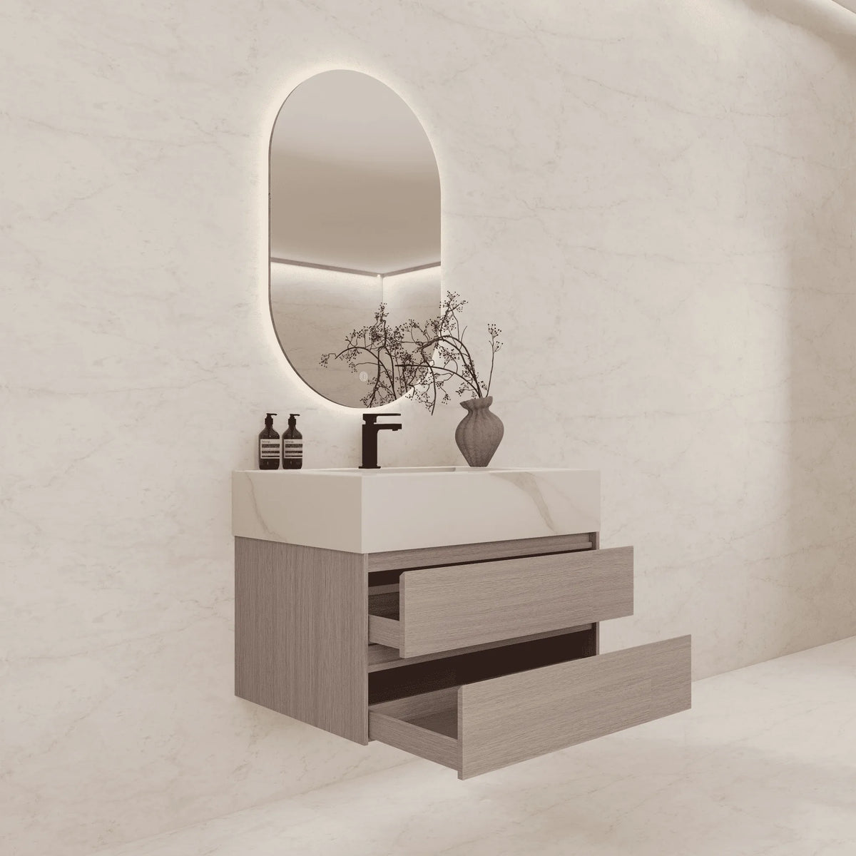 Aventino 32-40-inch calacatta gold fluted floating single-sink vanity — sintered stone top