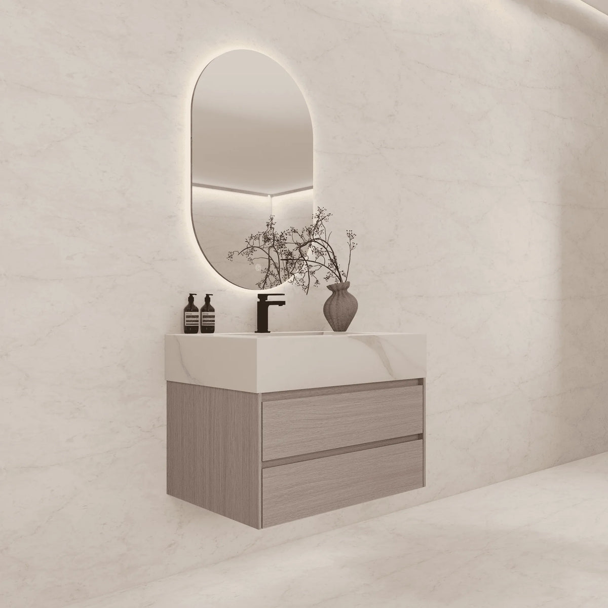 Aventino 32-40-inch calacatta gold fluted floating single-sink vanity — sintered stone top