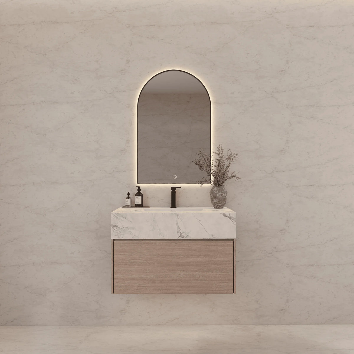Aventino 32-40-inch ice grey fluted floating single-sink vanity — sintered stone top