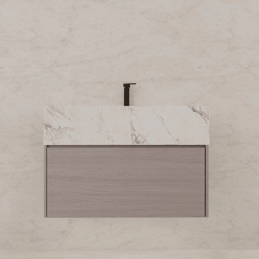 Aventino 32"/36"/40" White Grey Oak Fluted Floating Single-Sink Vanity with Sintered Stone Top