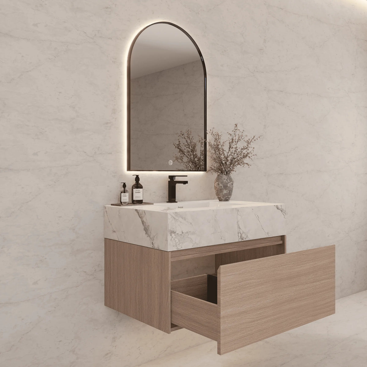Aventino 32-40-inch ice grey fluted floating single-sink vanity — sintered stone top