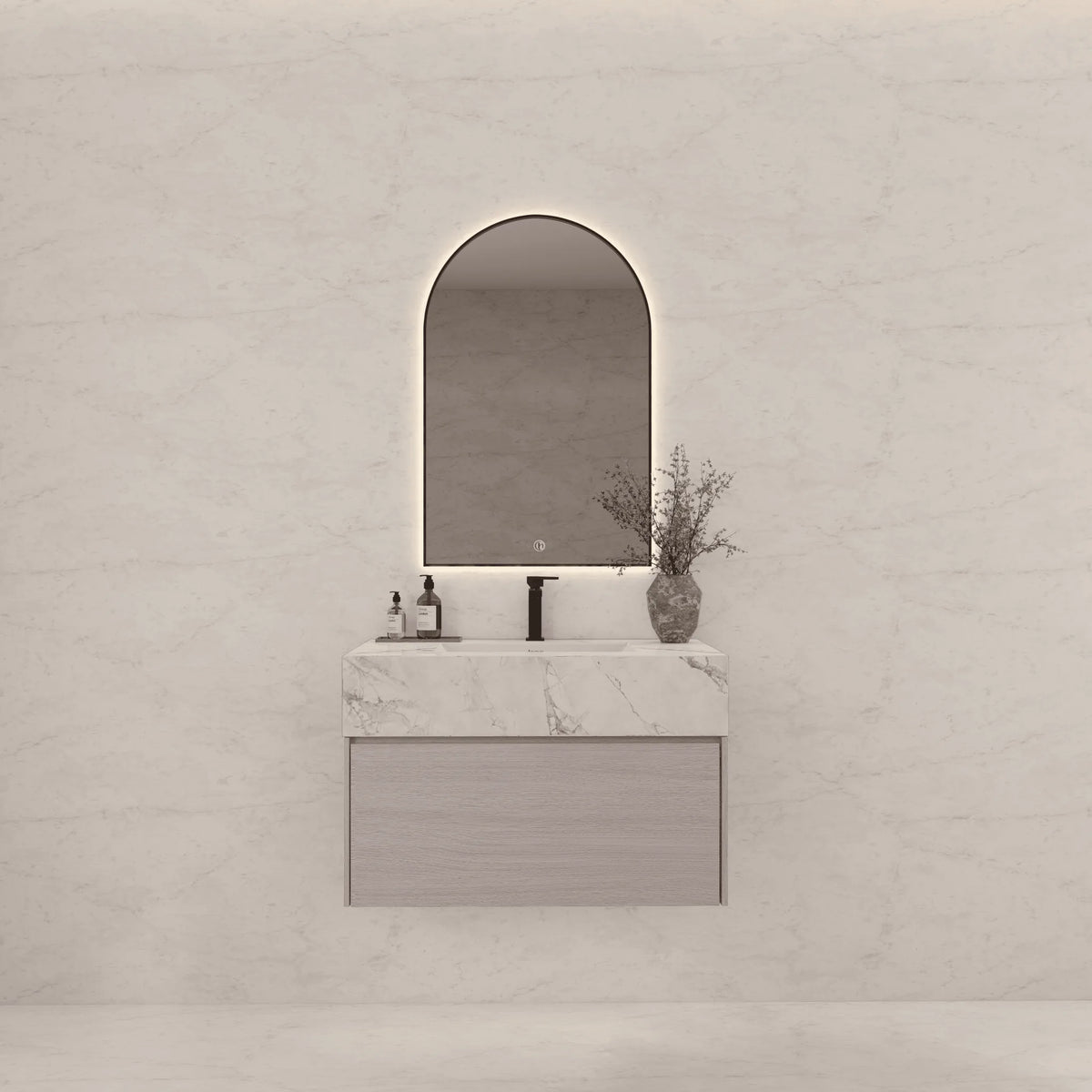 Aventino 32-40-inch ice grey fluted floating single-sink vanity — sintered stone top