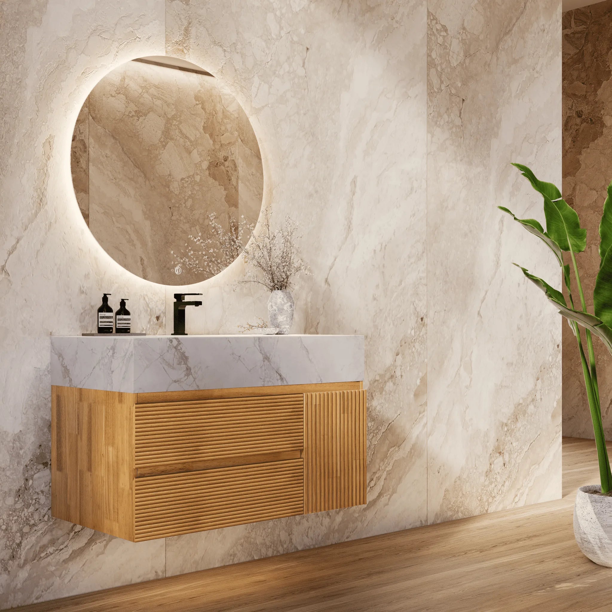 Aventino 32"/40" Oak Fluted Floating Single-Sink Vanity with Sintered Stone Top