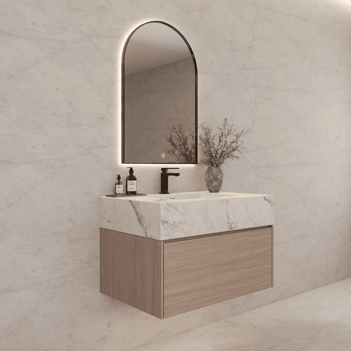 Aventino 32-40-inch ice grey fluted floating single-sink vanity — sintered stone top