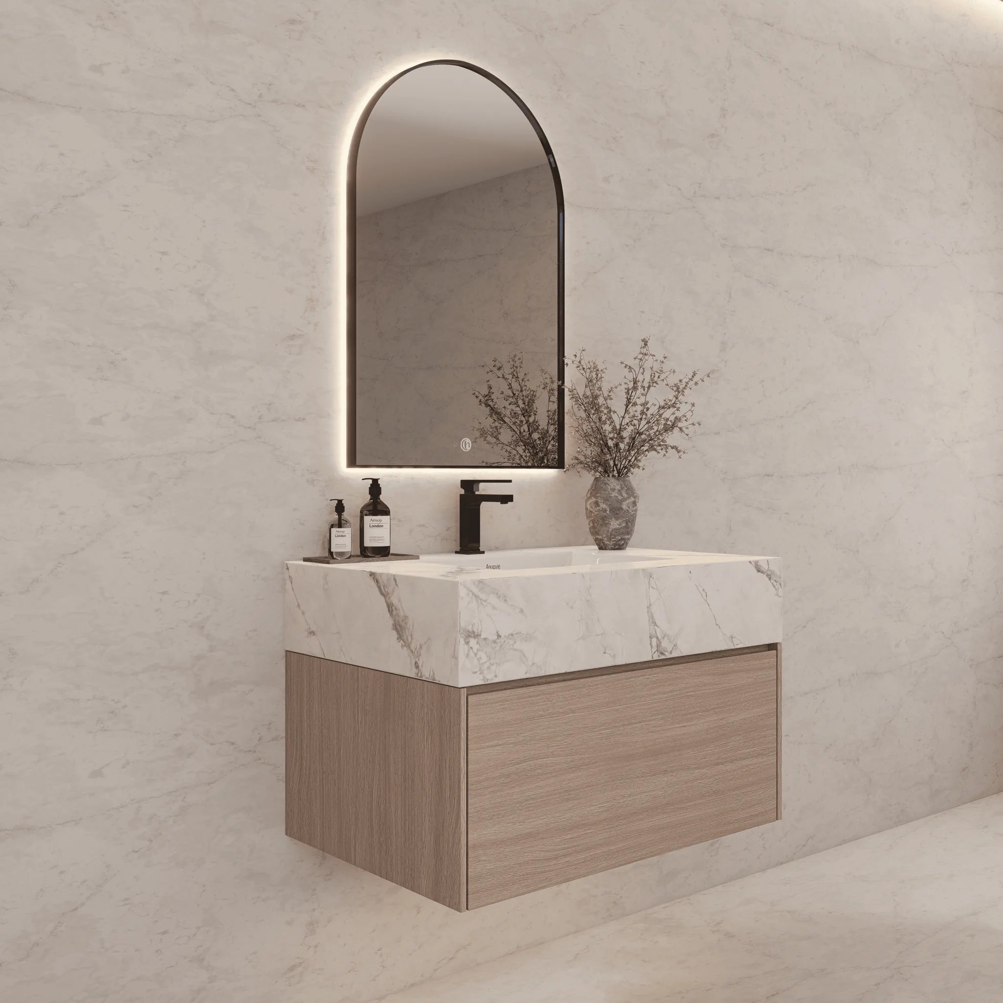 Aventino 32"/36"/40" Smoked Oak Fluted Floating Single-Sink Vanity with Sintered Stone Top