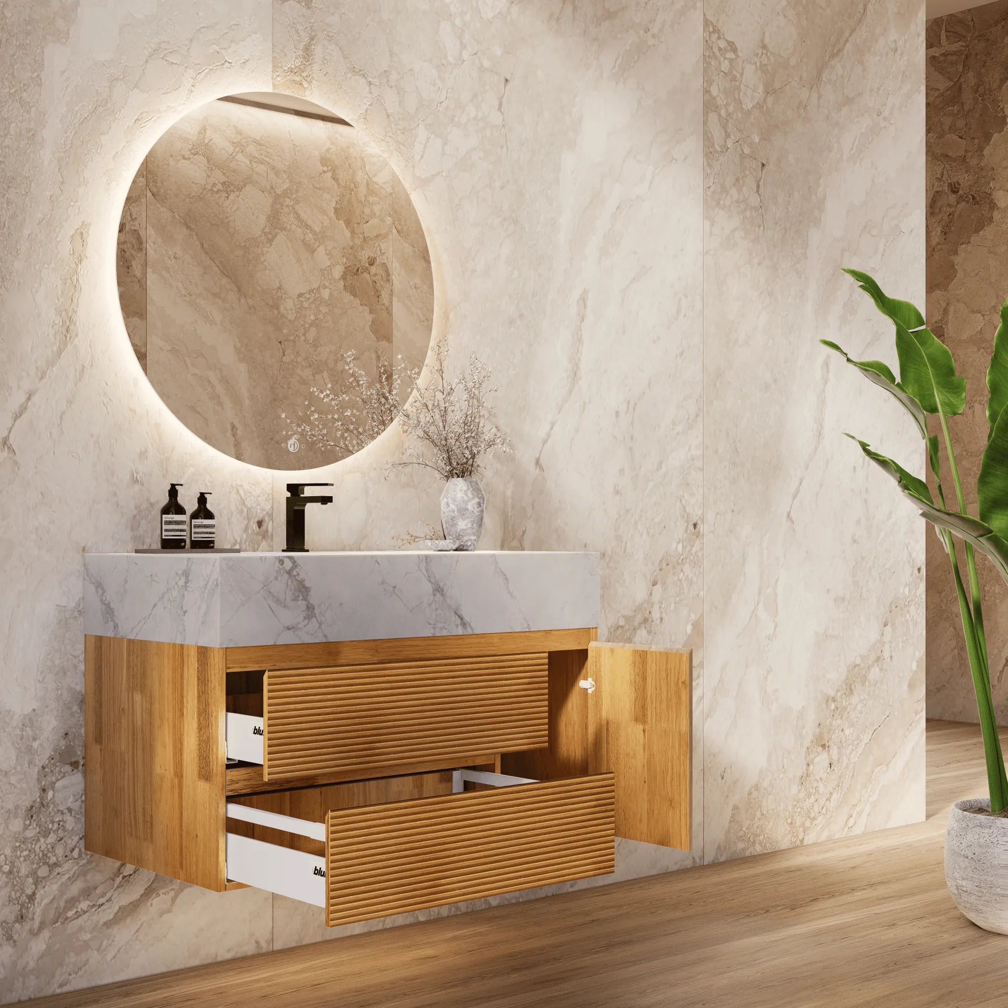 Aventino 32"/40" Oak Fluted Floating Single-Sink Vanity with Sintered Stone Top