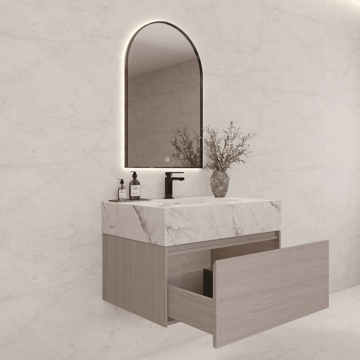 Aventino 32-40-inch ice grey fluted floating single-sink vanity — sintered stone top