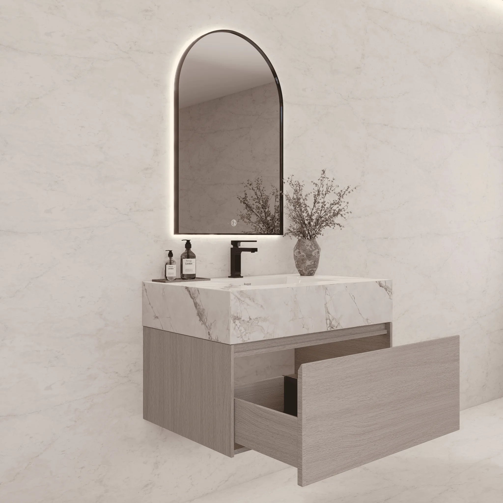 Aventino 32"/36"/40" White Grey Oak Fluted Floating Single-Sink Vanity with Sintered Stone Top