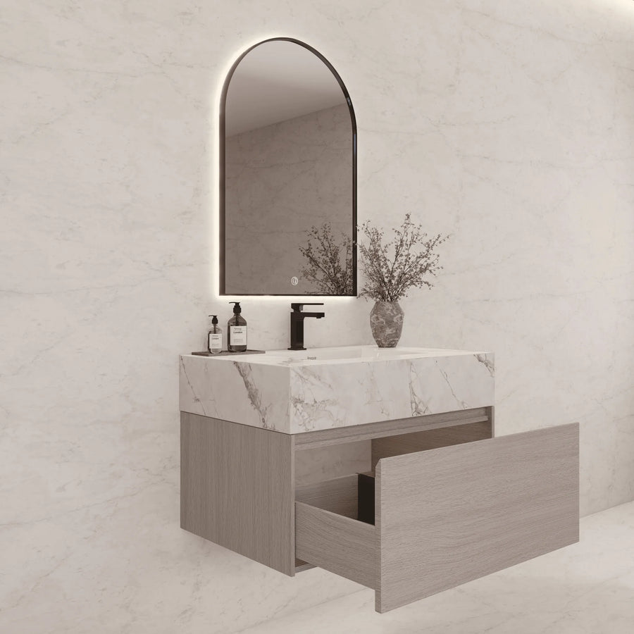 Aventino 32"/36"/40" White Grey Oak Fluted Floating Single-Sink Vanity with Sintered Stone Top