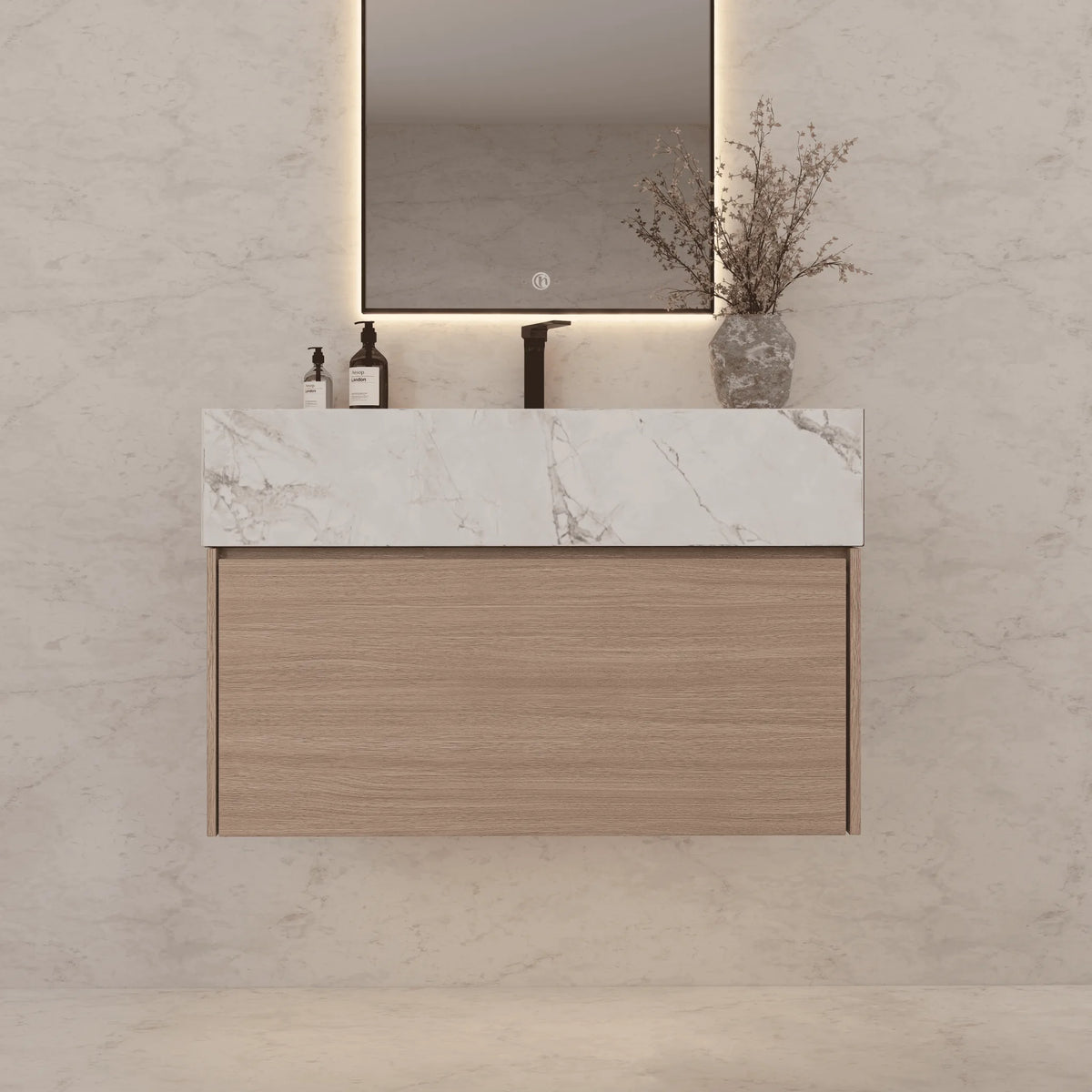 Aventino 32-40-inch ice grey fluted floating single-sink vanity — sintered stone top