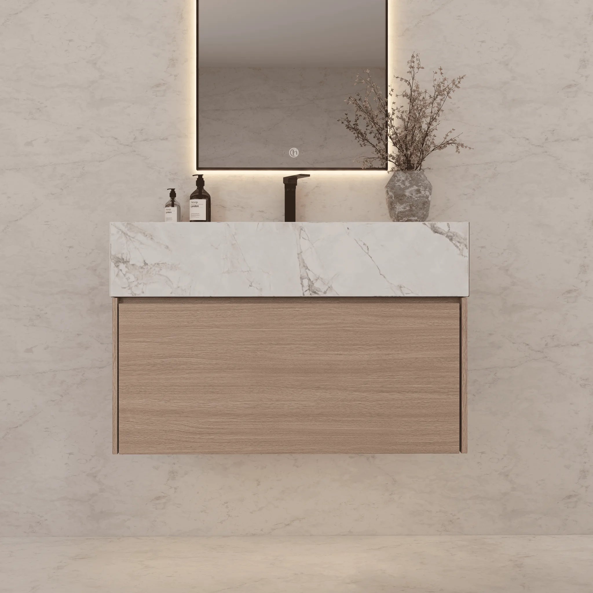 Aventino 32"/36"/40" Smoked Oak Fluted Floating Single-Sink Vanity with Sintered Stone Top