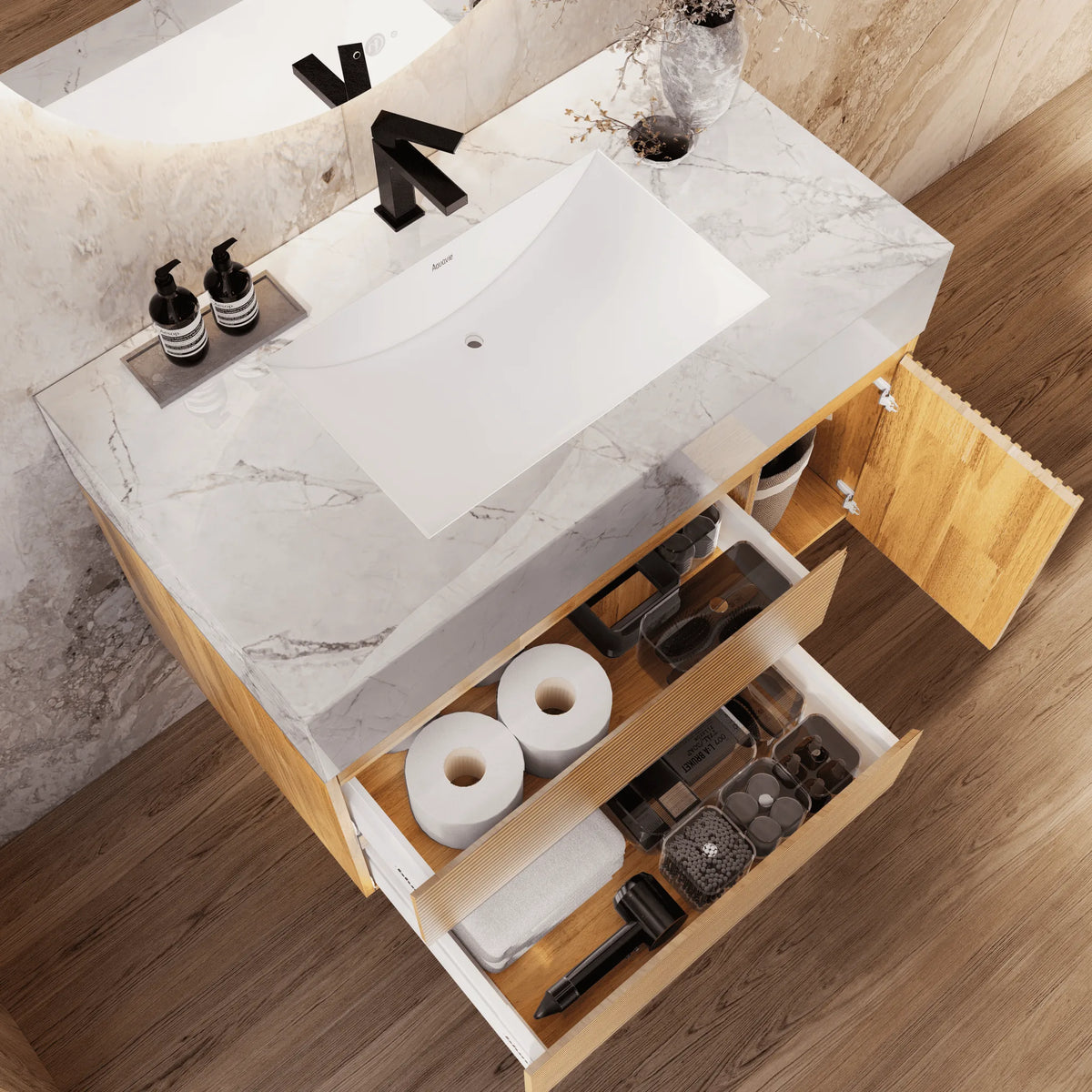 Aventino 32-40-inch ice grey fluted floating single-sink vanity — sintered stone top