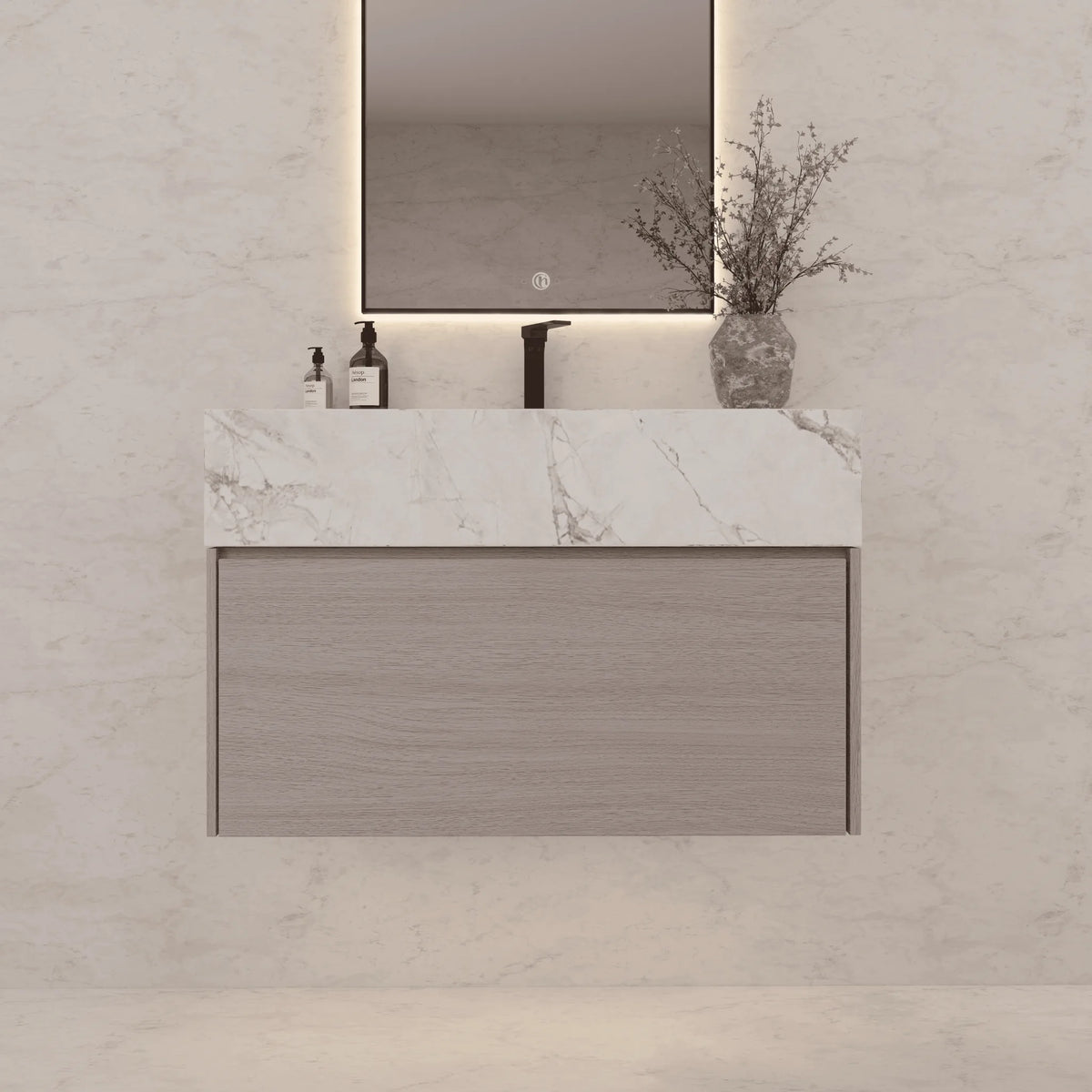 Aventino 32-40-inch ice grey fluted floating single-sink vanity — sintered stone top