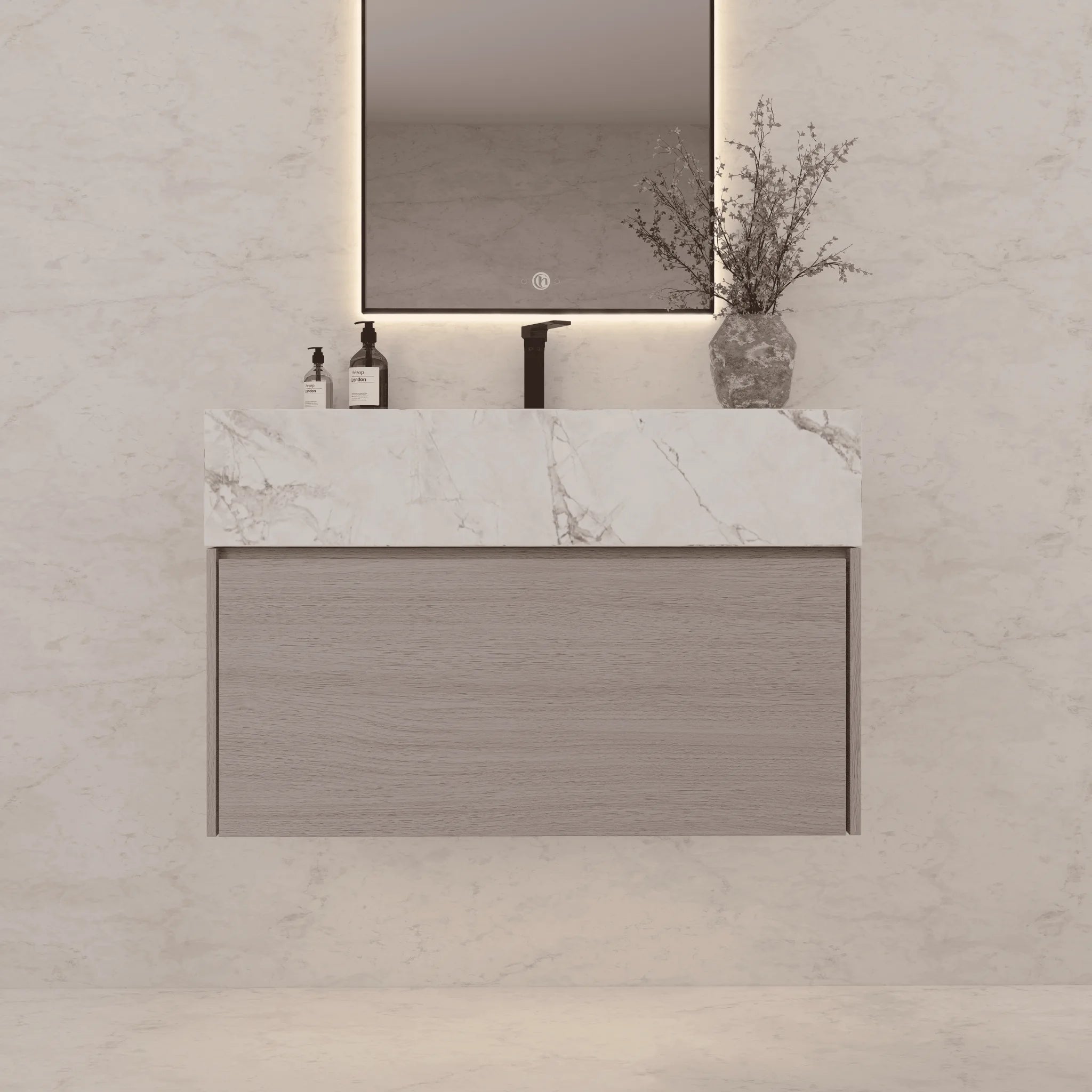 Aventino 32"/36"/40" White Grey Oak Fluted Floating Single-Sink Vanity with Sintered Stone Top