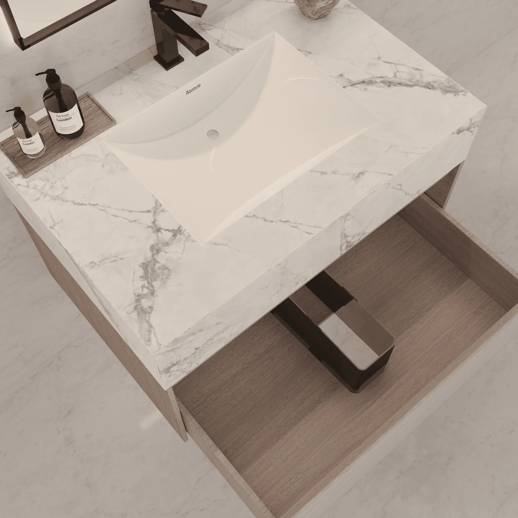 Aventino 32"/36"/40" White Grey Oak Fluted Floating Single-Sink Vanity with Sintered Stone Top