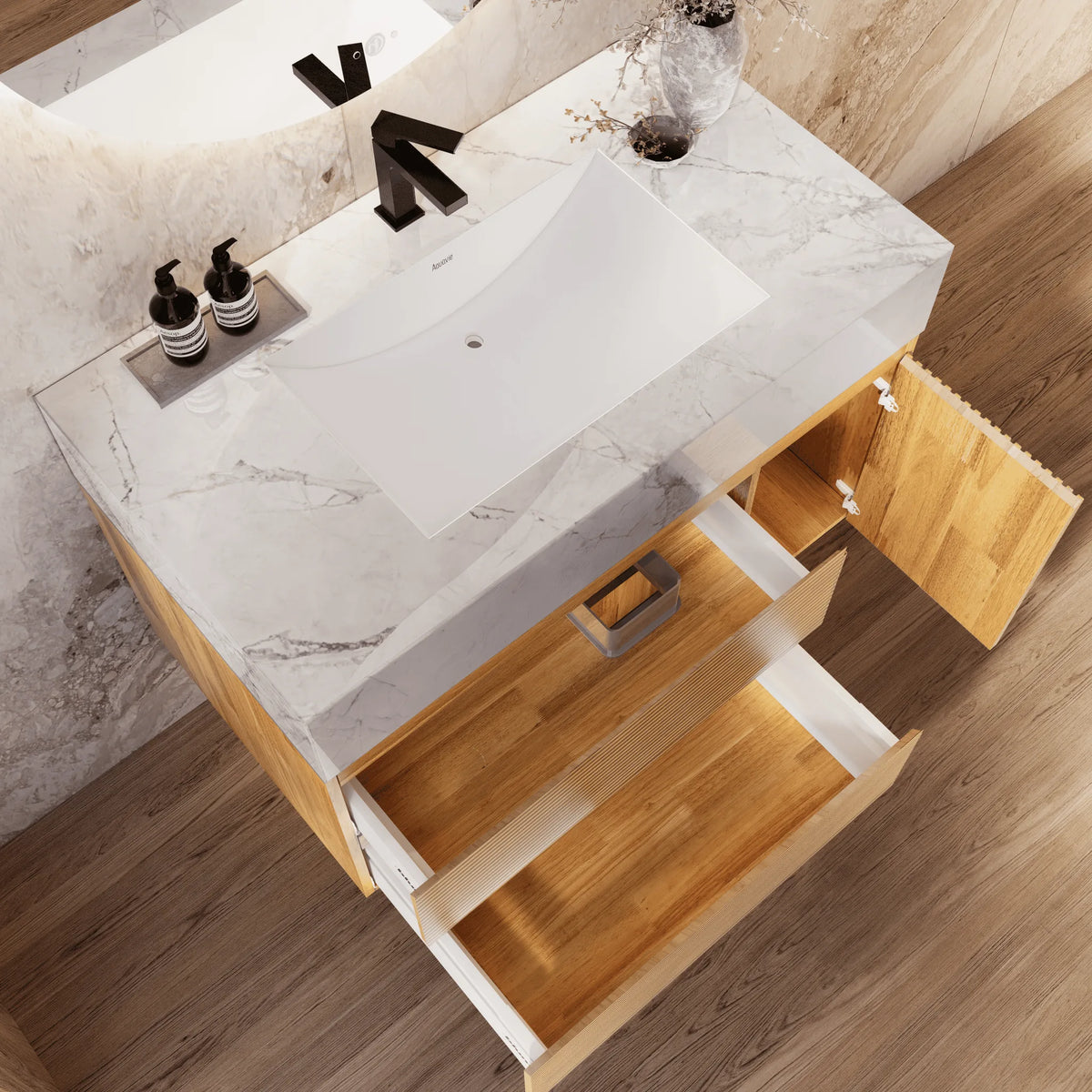 Aventino 32-40-inch ice grey fluted floating single-sink vanity — sintered stone top