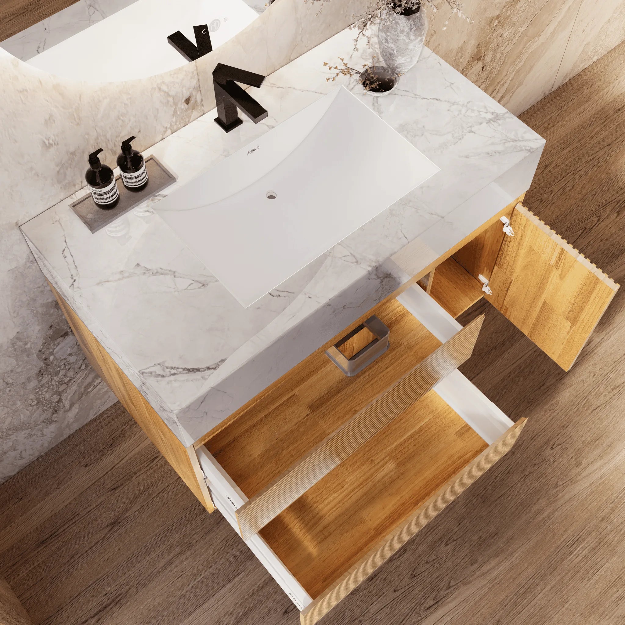 Aventino 32"/40" Oak Fluted Floating Single-Sink Vanity with Sintered Stone Top