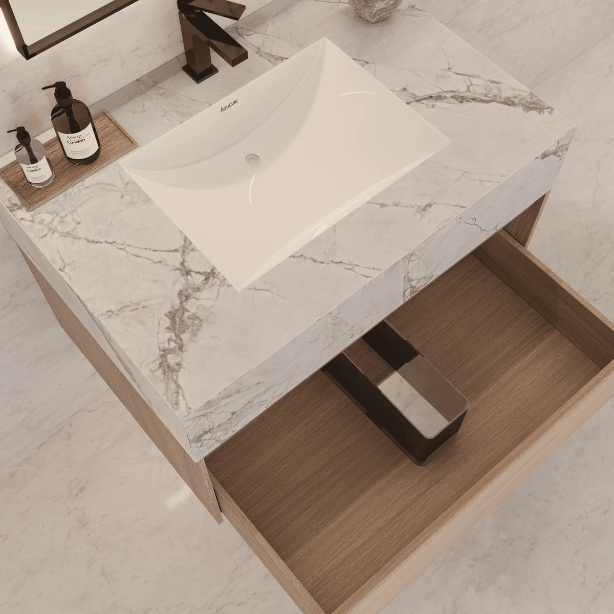 Aventino 32-40-inch ice grey fluted floating single-sink vanity — sintered stone top