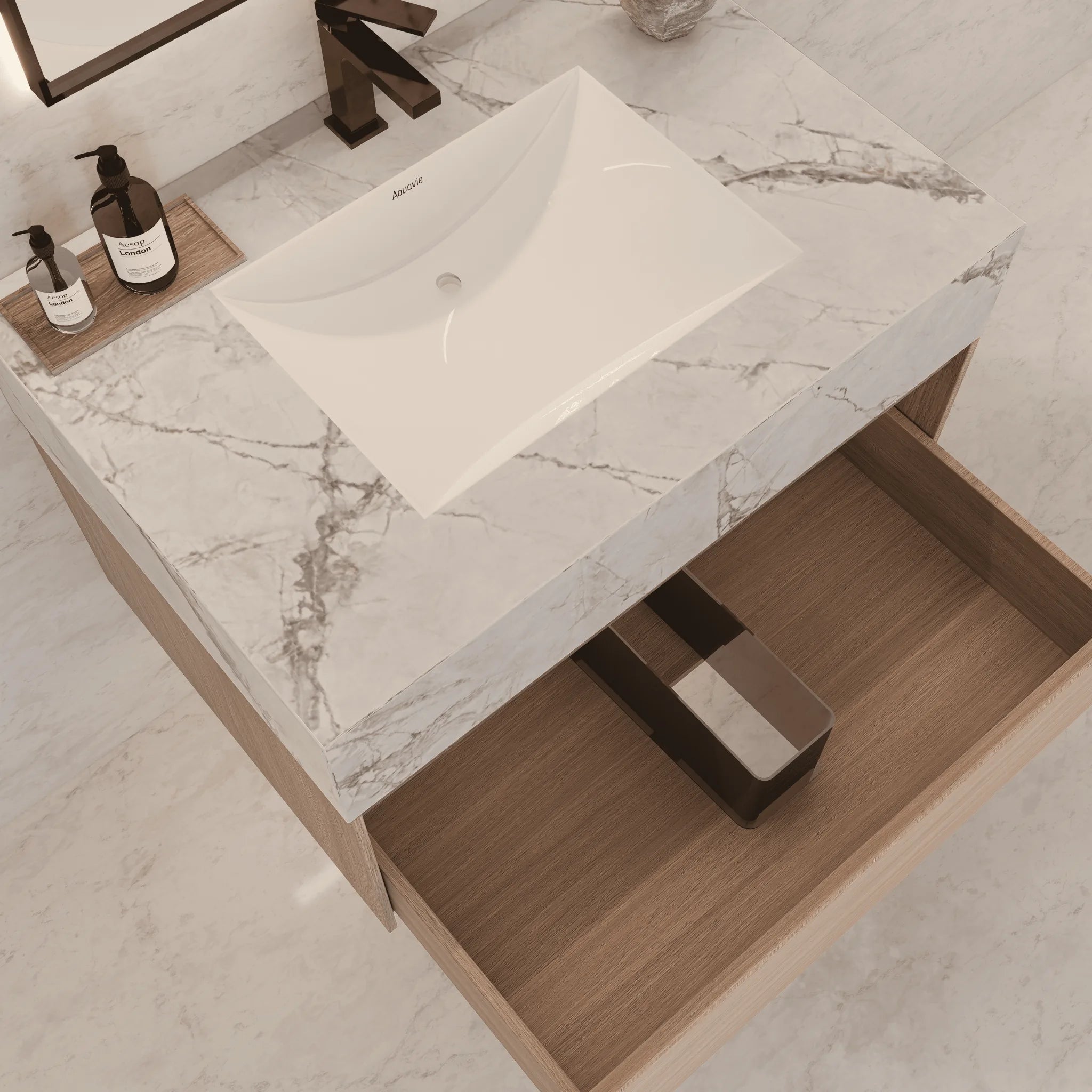 Aventino 32"/36"/40" Smoked Oak Fluted Floating Single-Sink Vanity with Sintered Stone Top