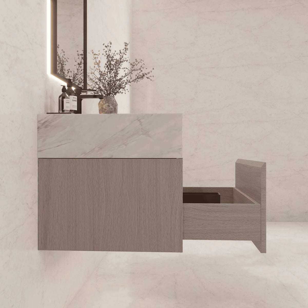 Aventino 32-40-inch ice grey fluted floating single-sink vanity — sintered stone top