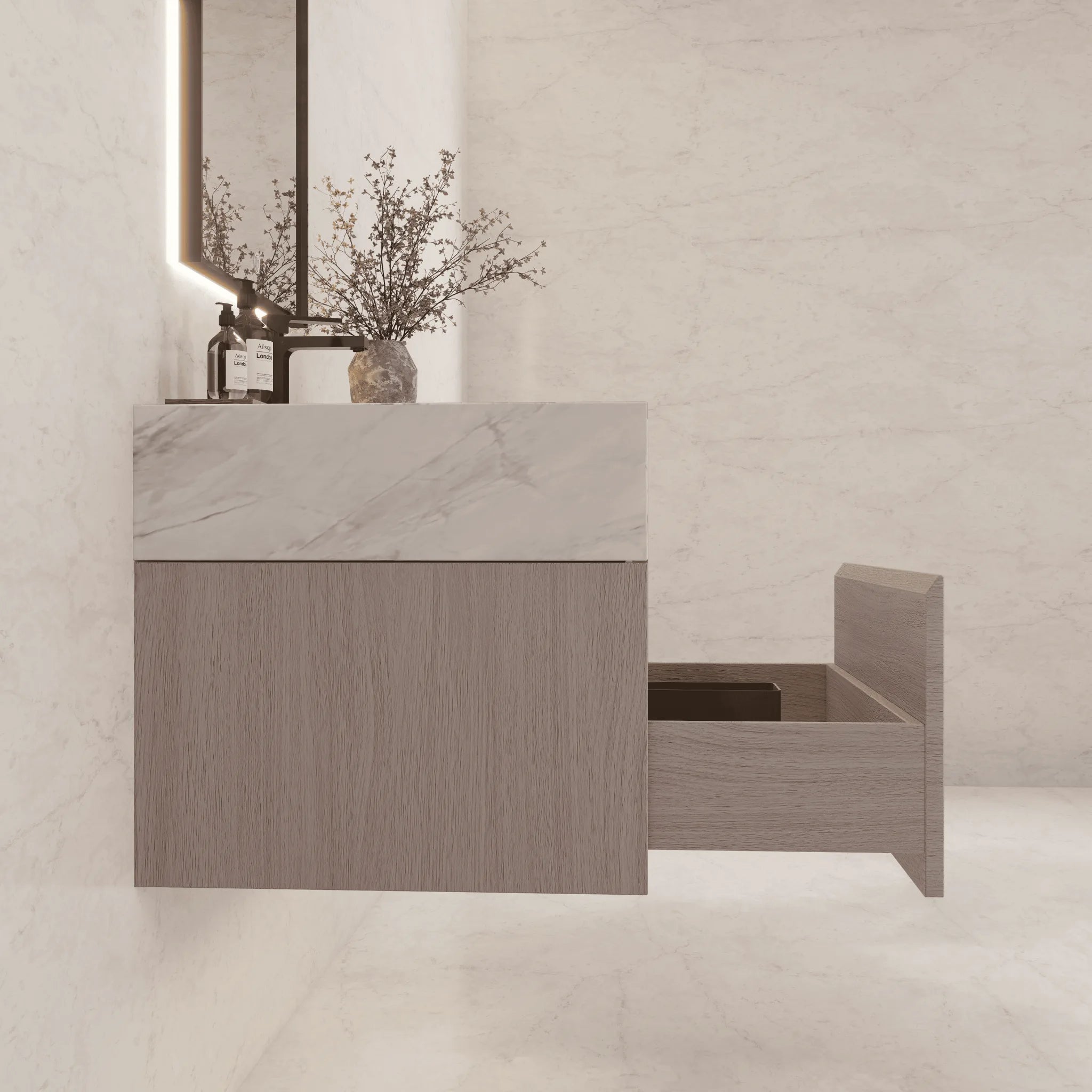 Aventino 32"/36"/40" White Grey Oak Fluted Floating Single-Sink Vanity with Sintered Stone Top
