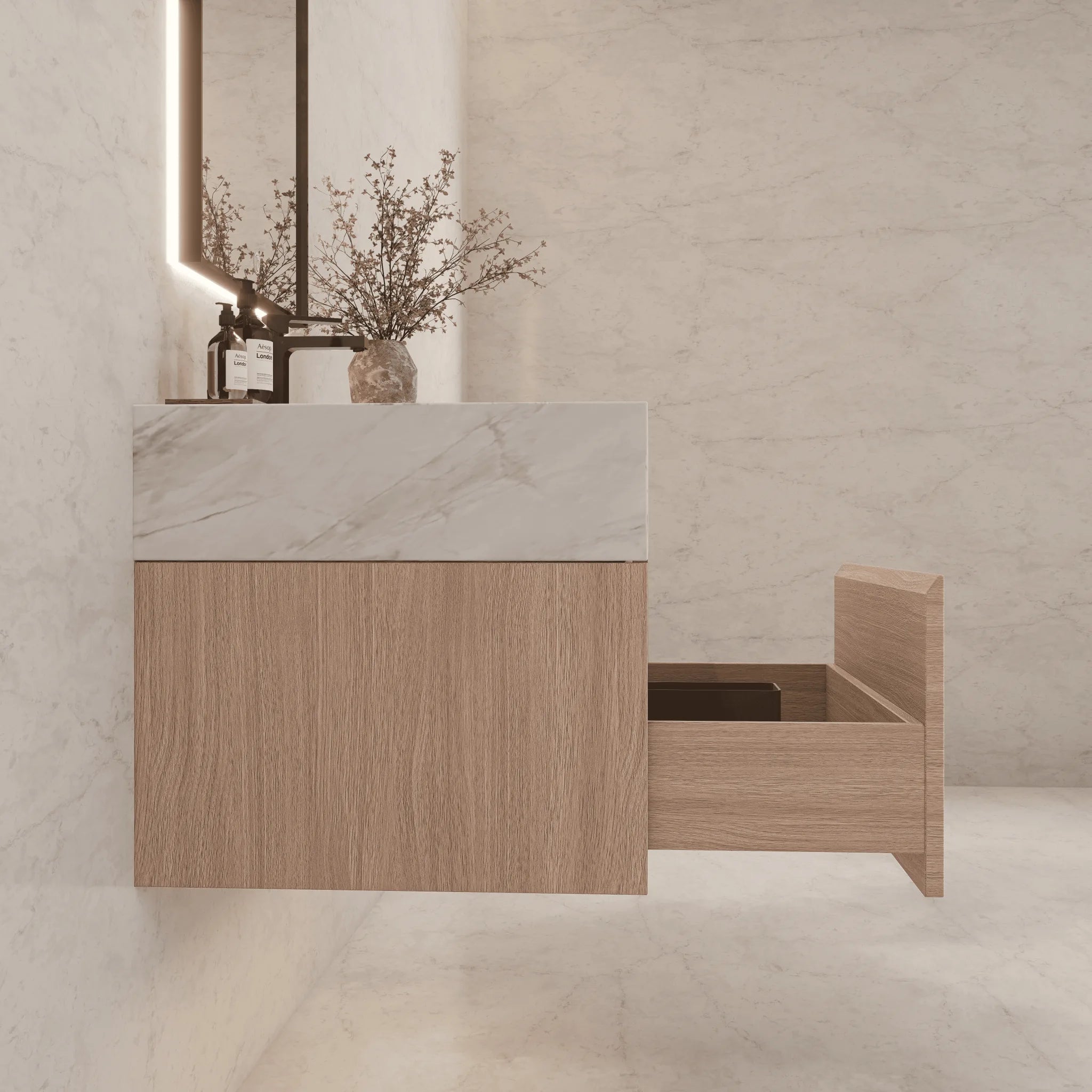 Aventino 32"/36"/40" Smoked Oak Fluted Floating Single-Sink Vanity with Sintered Stone Top