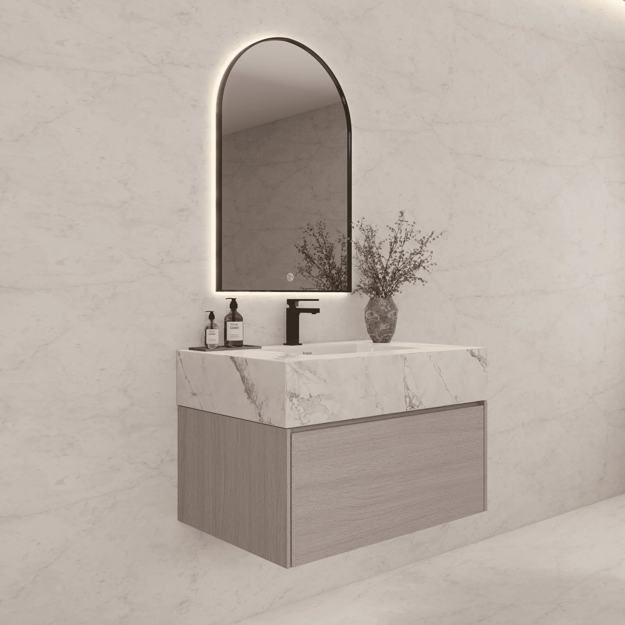 Aventino 32"/36"/40" White Grey Oak Fluted Floating Single-Sink Vanity with Sintered Stone Top