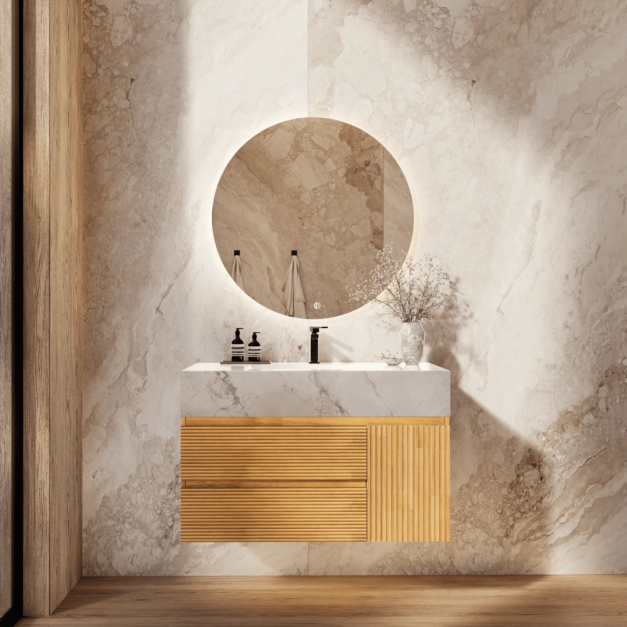 Aventino 32"/40" Oak Fluted Floating Single-Sink Vanity with Sintered Stone Top