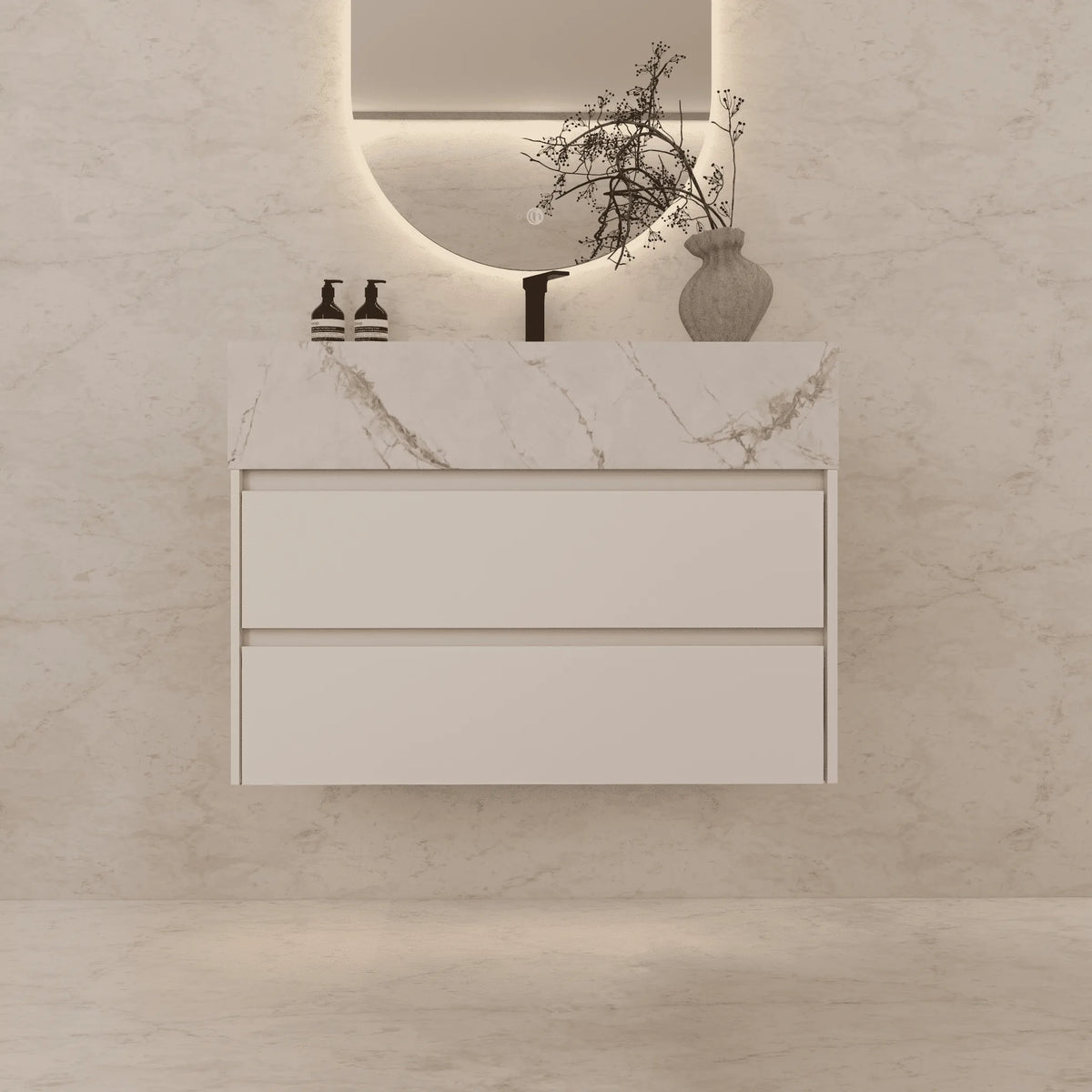 Aventino 32-40-inch ice grey fluted floating single-sink vanity — sintered stone top