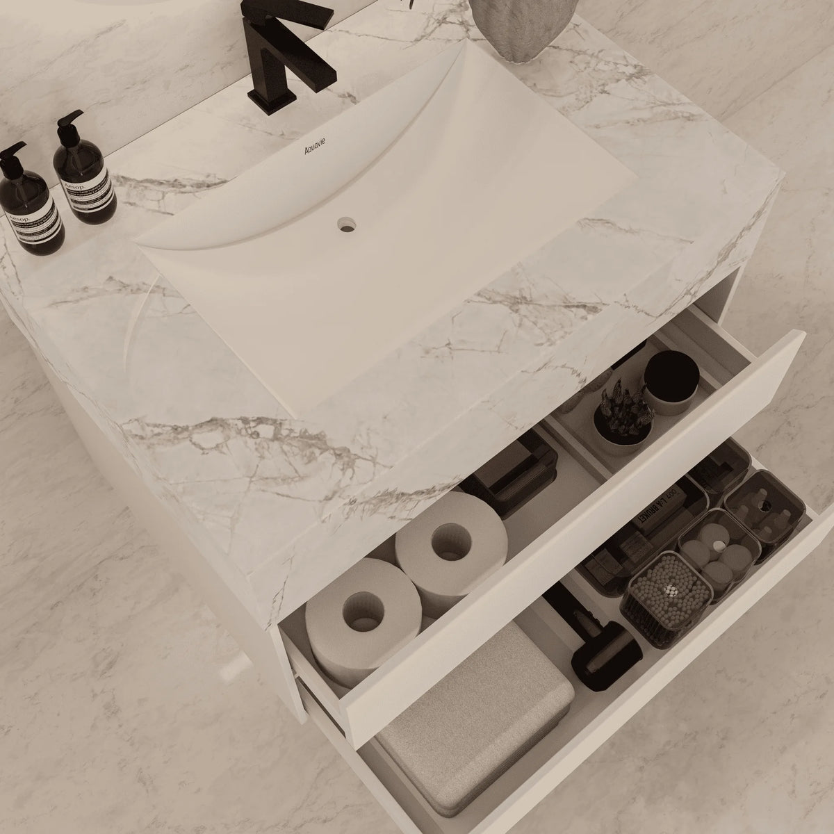 Aventino 32-40-inch ice grey fluted floating single-sink vanity — sintered stone top