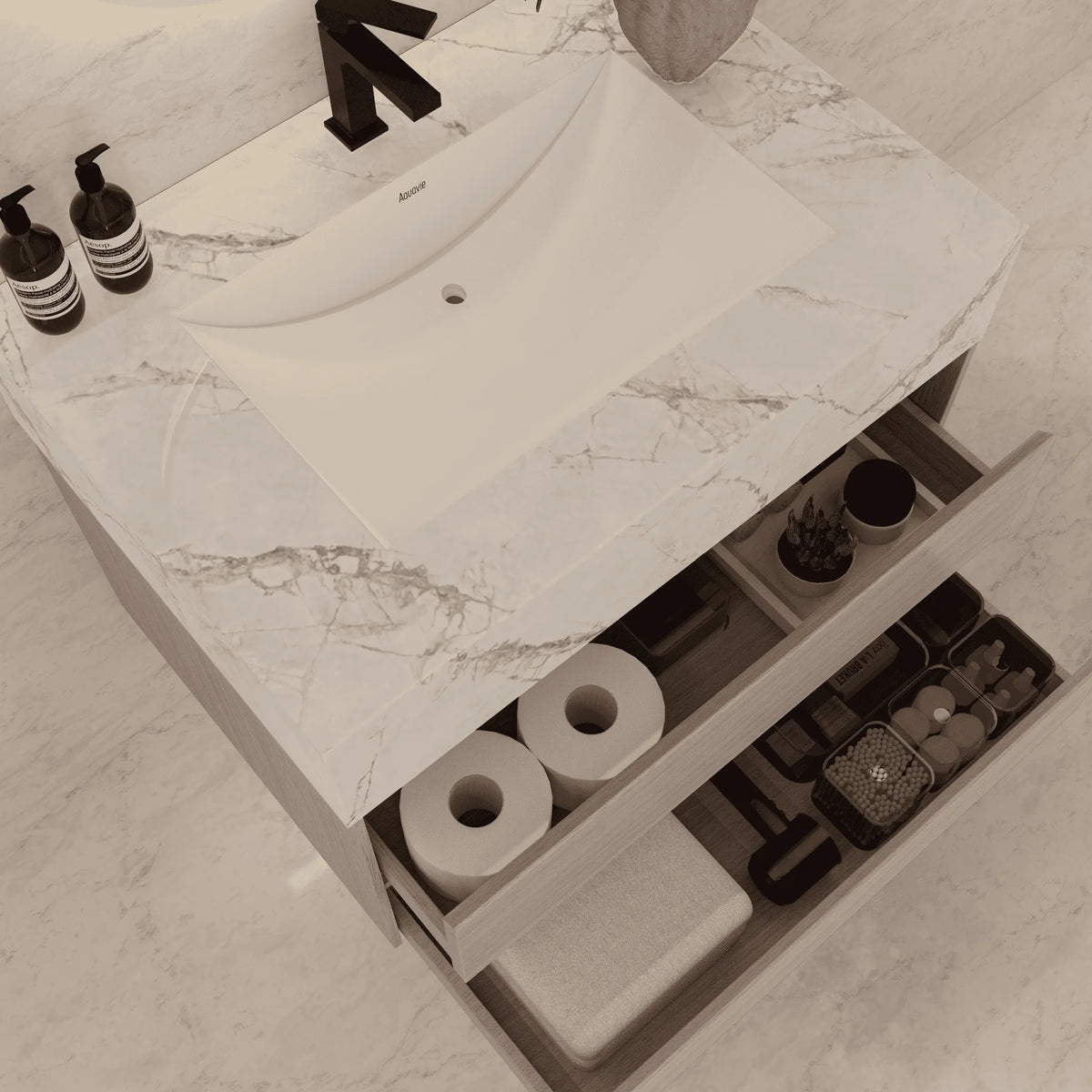Aventino 32-40-inch ice grey fluted floating single-sink vanity — sintered stone top