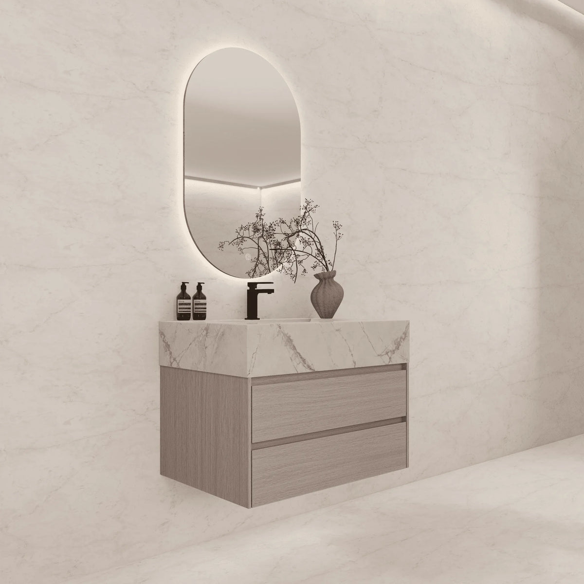 Aventino 32-40-inch ice grey fluted floating single-sink vanity — sintered stone top