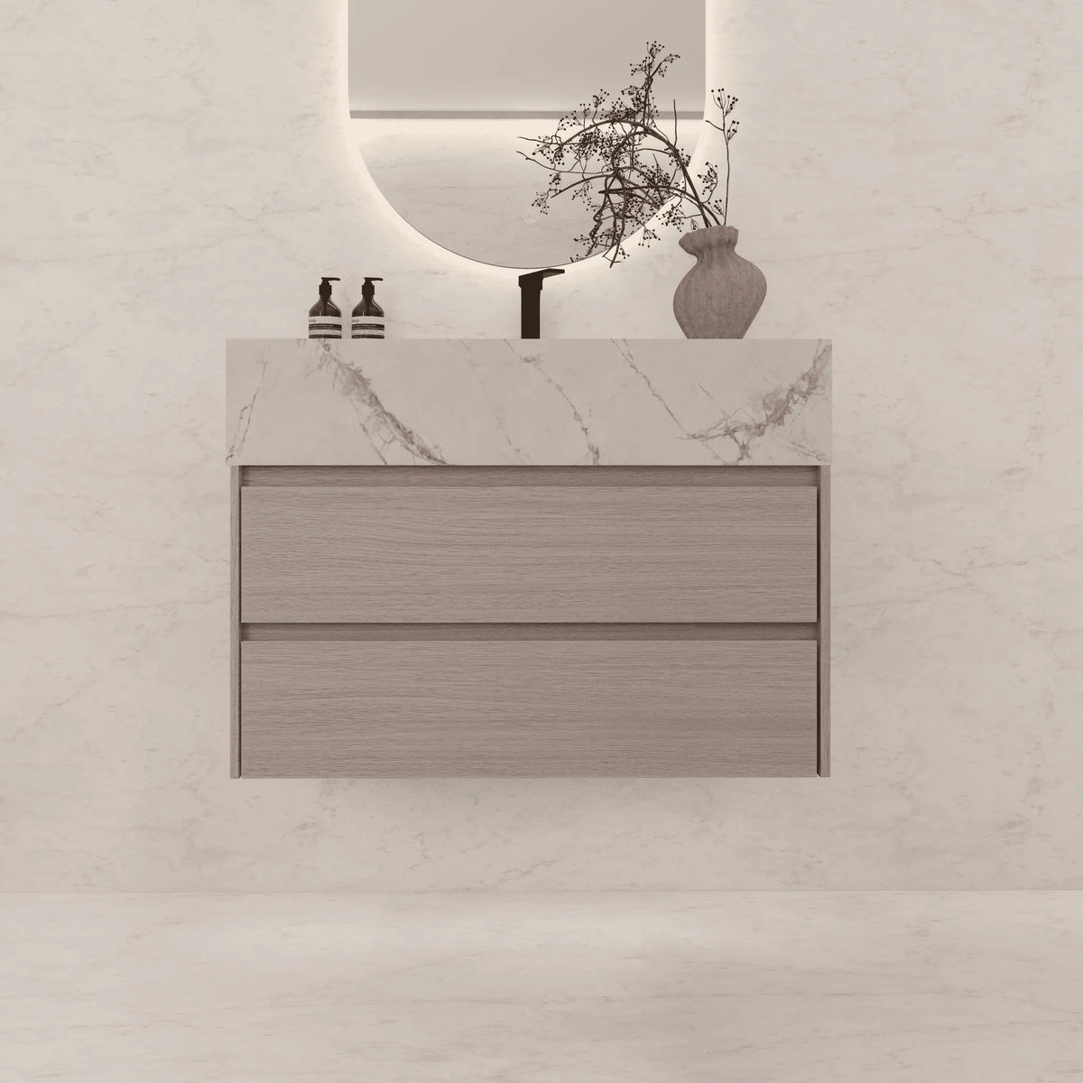 Aventino 32-40-inch ice grey fluted floating single-sink vanity — sintered stone top