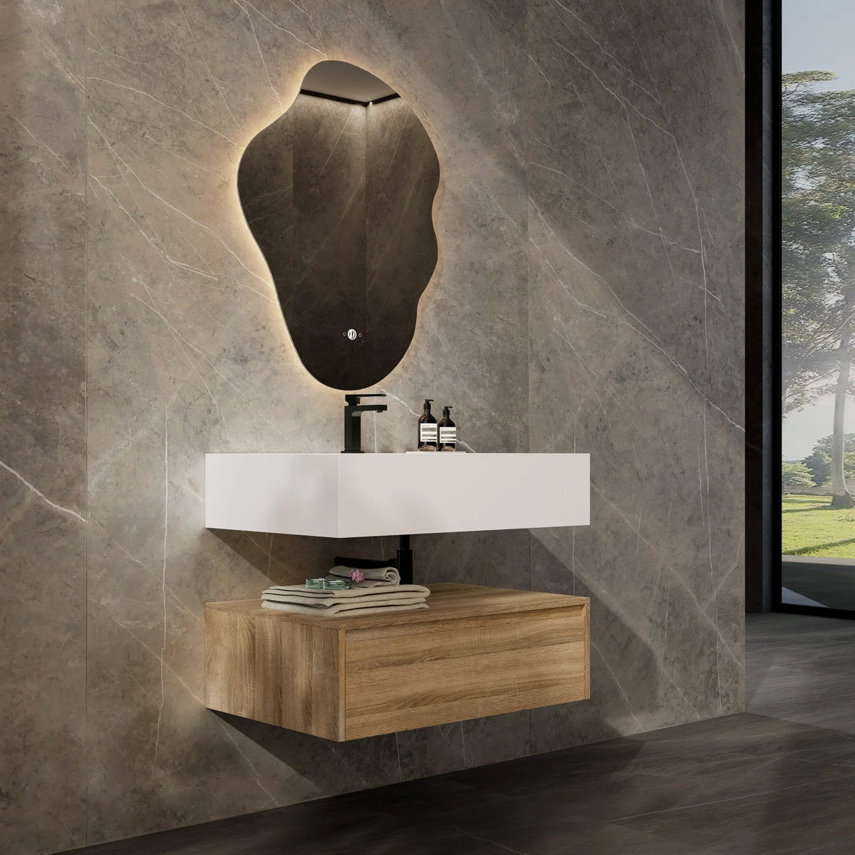 Aventino 32-40-inch pure white flat-front floating single-sink vanity — sintered stone top