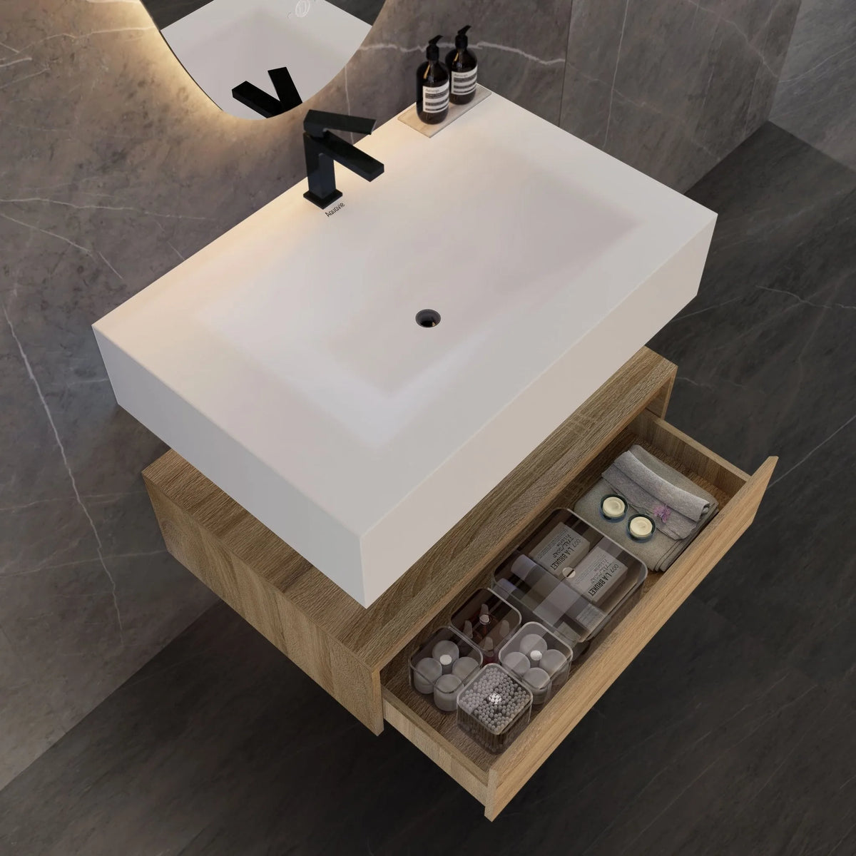 Aventino 32-40-inch pure white flat-front floating single-sink vanity — sintered stone top