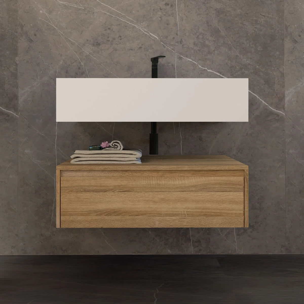 Aventino 32-40-inch pure white flat-front floating single-sink vanity — sintered stone top