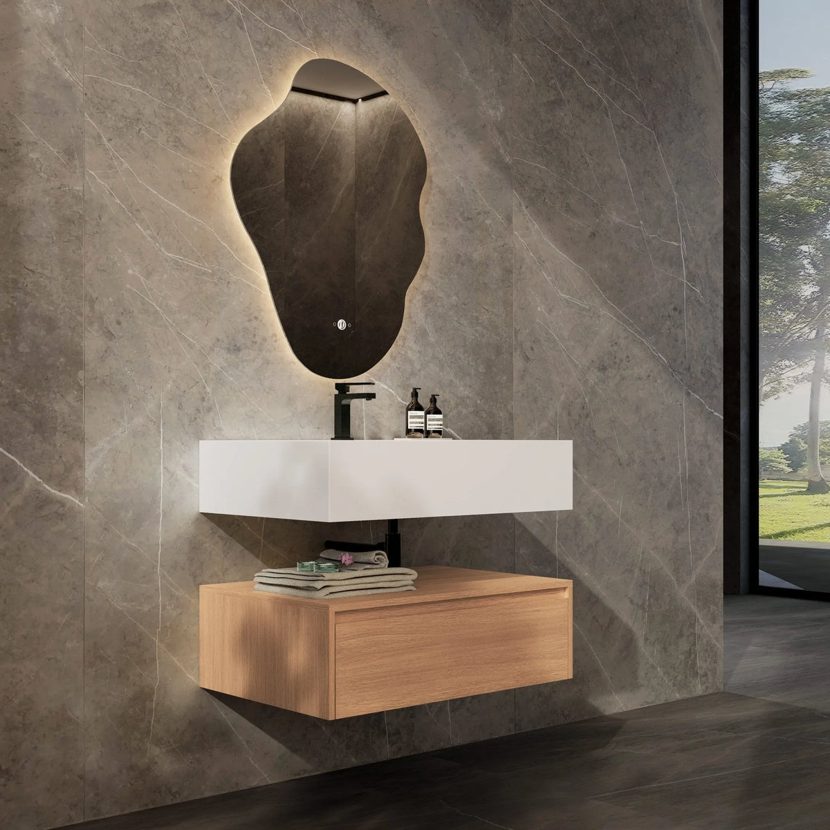 Aventino 32-40-inch pure white flat-front floating single-sink vanity — sintered stone top